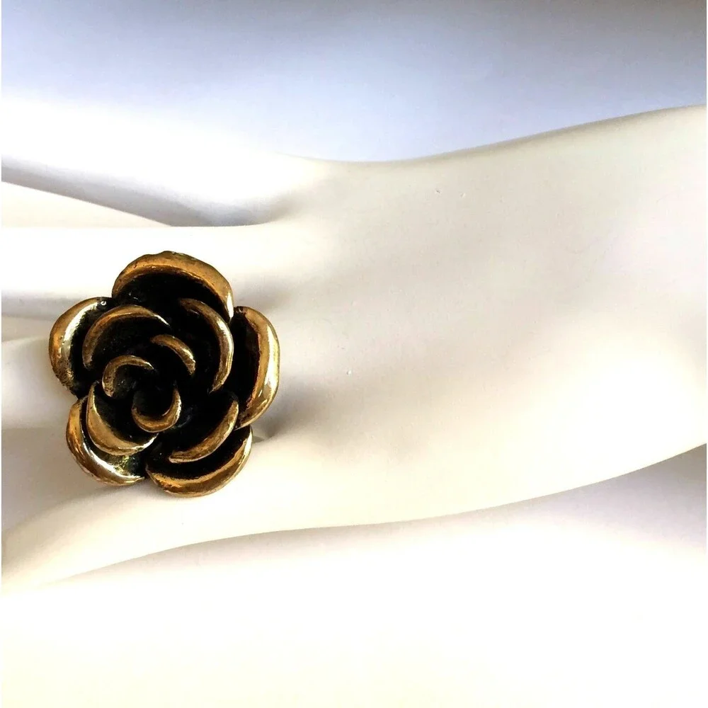 Vtg Gold Tone Rose Flower Bloom Cocktail Ring Size 6 7 8 Chunky Statement Boho